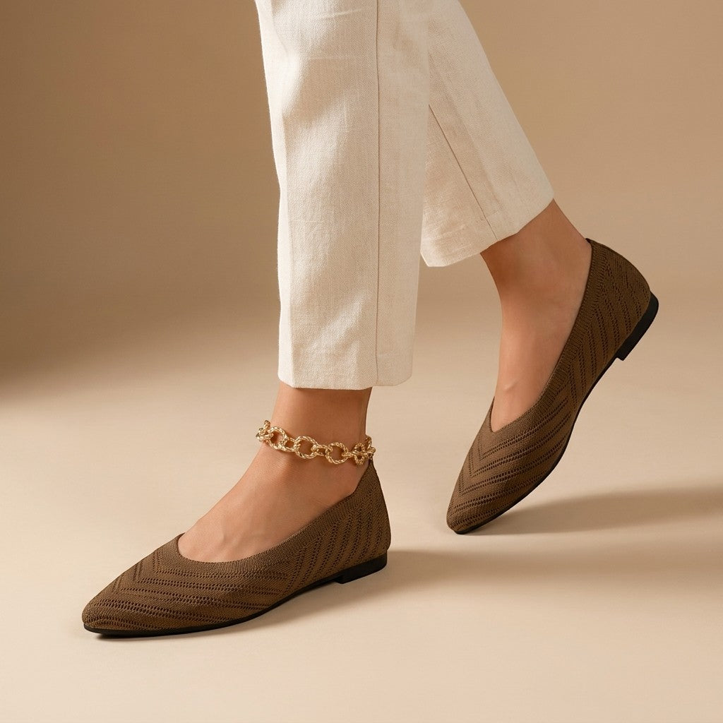 Women's pointed slip-on flats with textured knit uppers and low flat heels