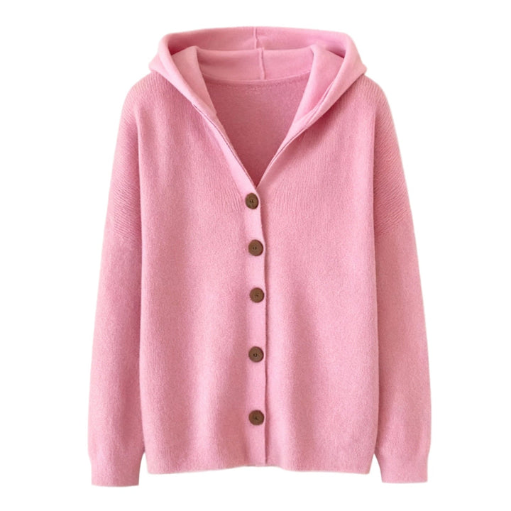 Women's hooded button cardigan with long sleeves and front pockets