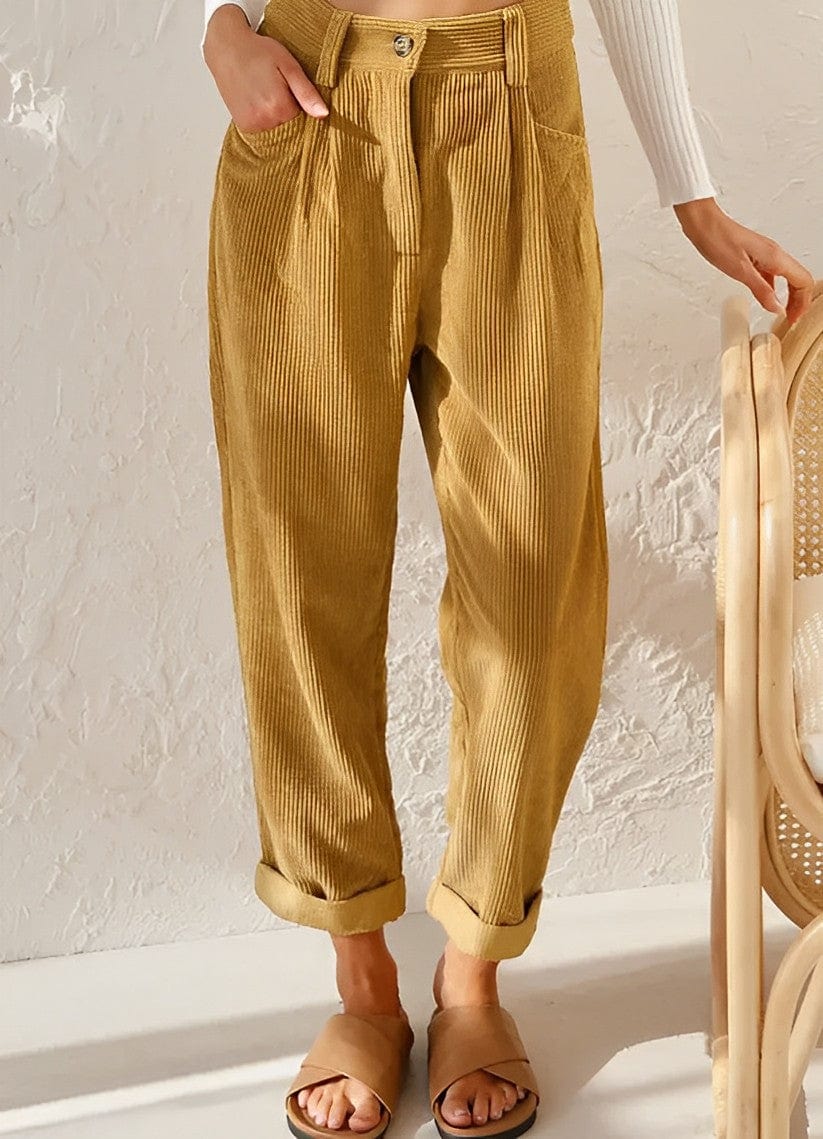 Women's high-waist corduroy trousers with straight legs, side pockets and cuffed hems