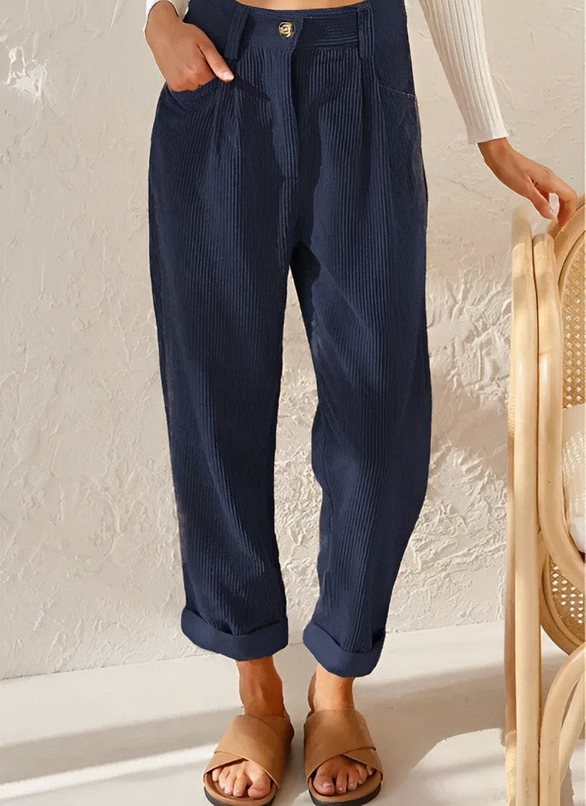 Women's high-waist corduroy trousers with straight legs, side pockets and cuffed hems