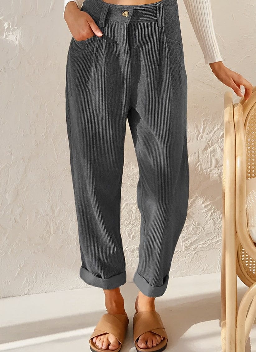 Women's high-waist corduroy trousers with straight legs, side pockets and cuffed hems