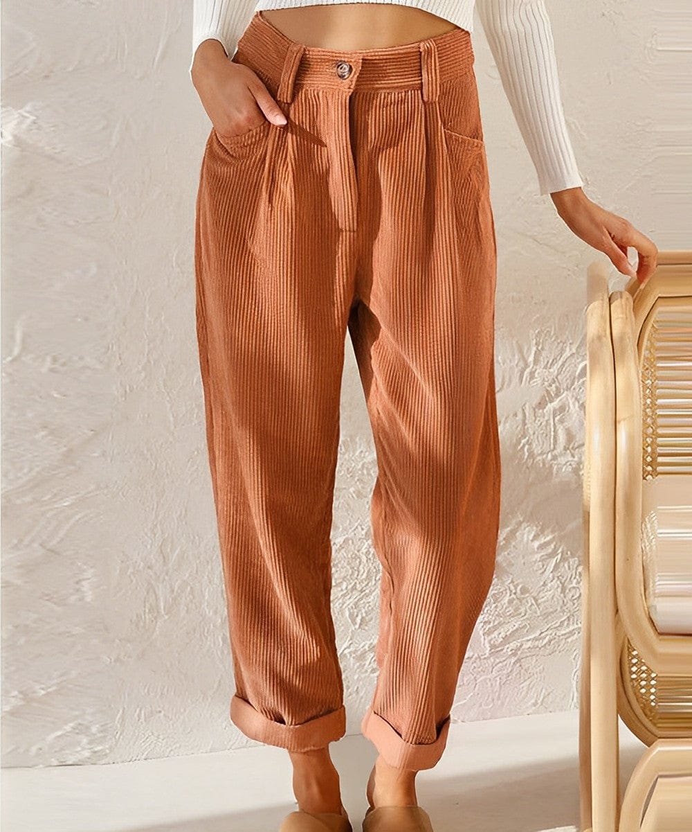 Women's high-waist corduroy trousers with straight legs, side pockets and cuffed hems