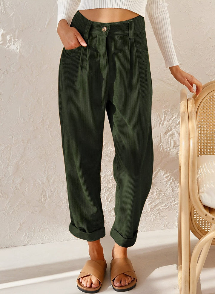 Women's high-waist corduroy trousers with straight legs, side pockets and cuffed hems