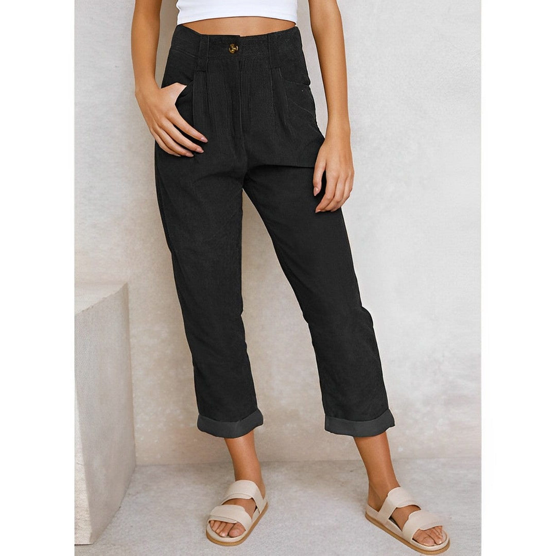 Women's high-waist corduroy trousers with straight legs, side pockets and cuffed hems