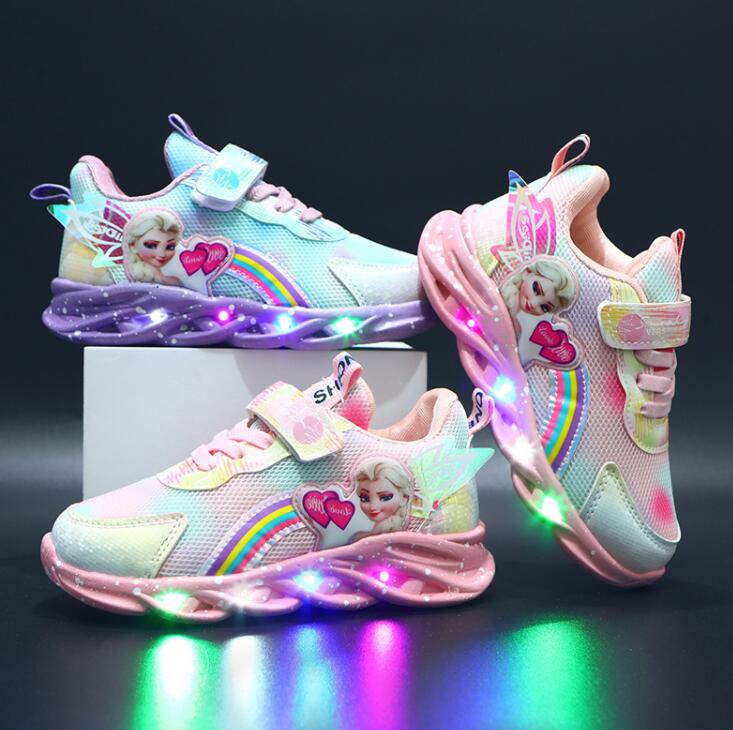 Children's multicolour light-up sneakers with rainbow details, character panels, laces and hook-and-loop straps