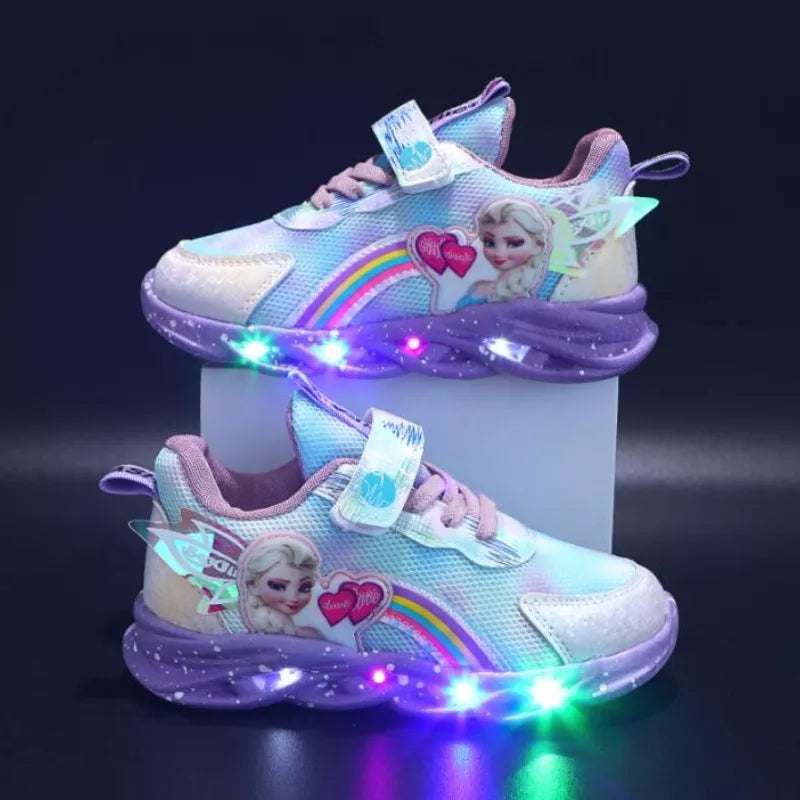 Children's multicolour light-up sneakers with rainbow details, character panels, laces and hook-and-loop straps