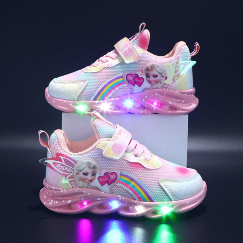 Children's multicolour light-up sneakers with rainbow details, character panels, laces and hook-and-loop straps