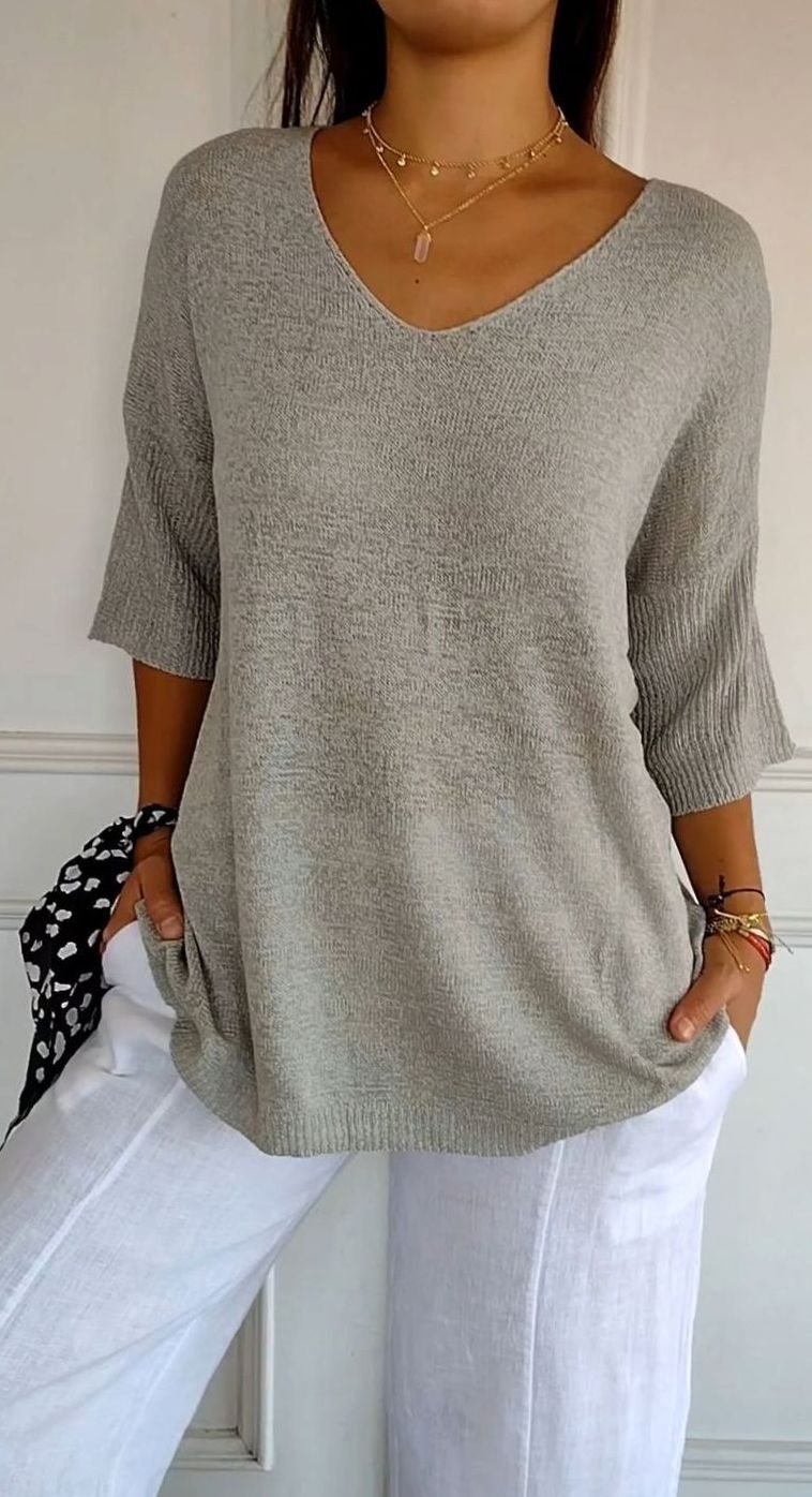 Elsa | Women's Longline Loose Fit V-Neck Knit Tunic Top
