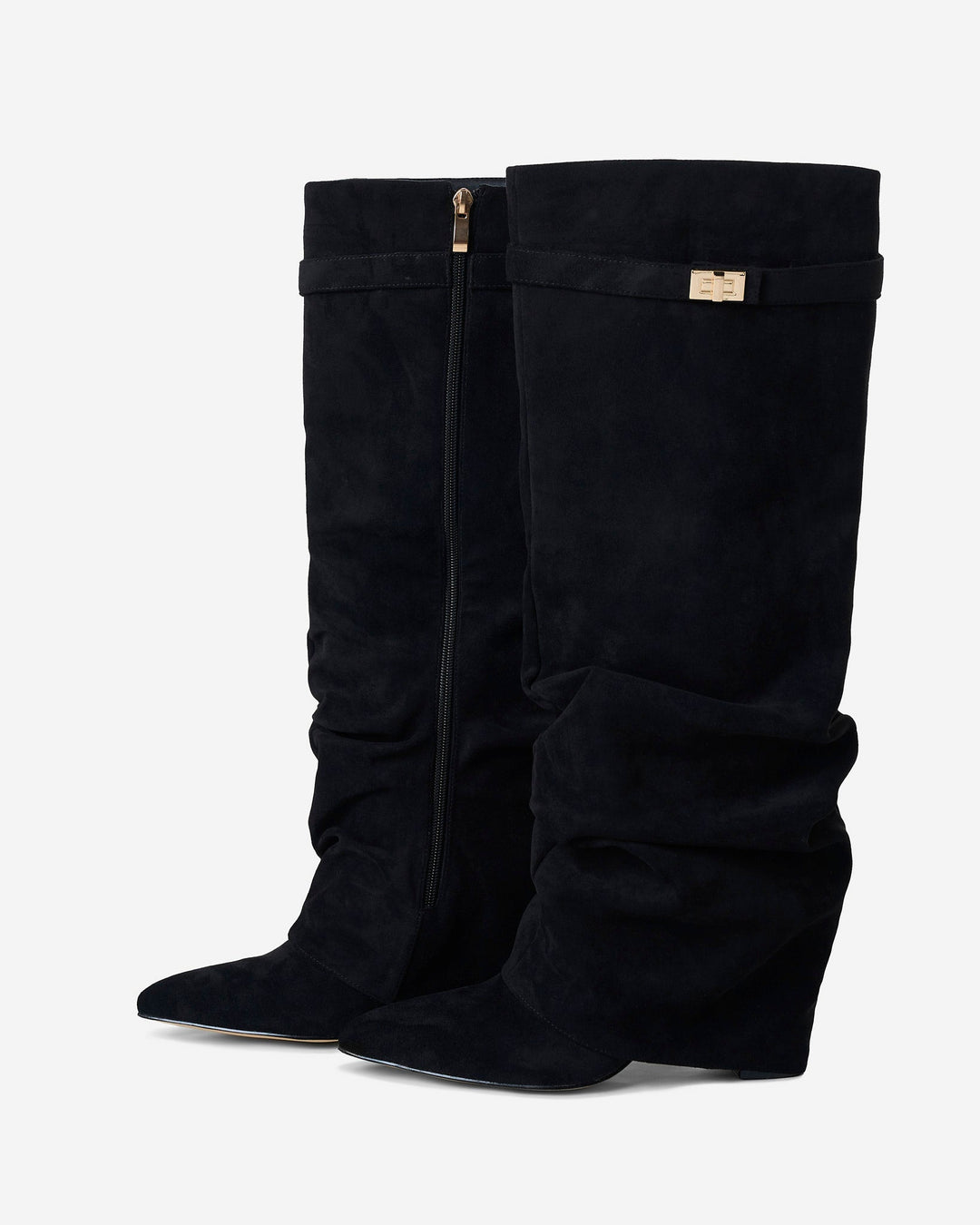 Black women's slouchy knee-high boots with pointed toes and buckle straps
