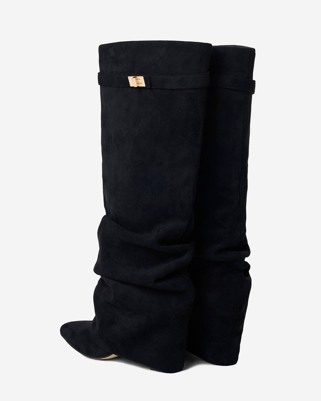 Black women's slouchy knee-high boots with pointed toes and buckle straps