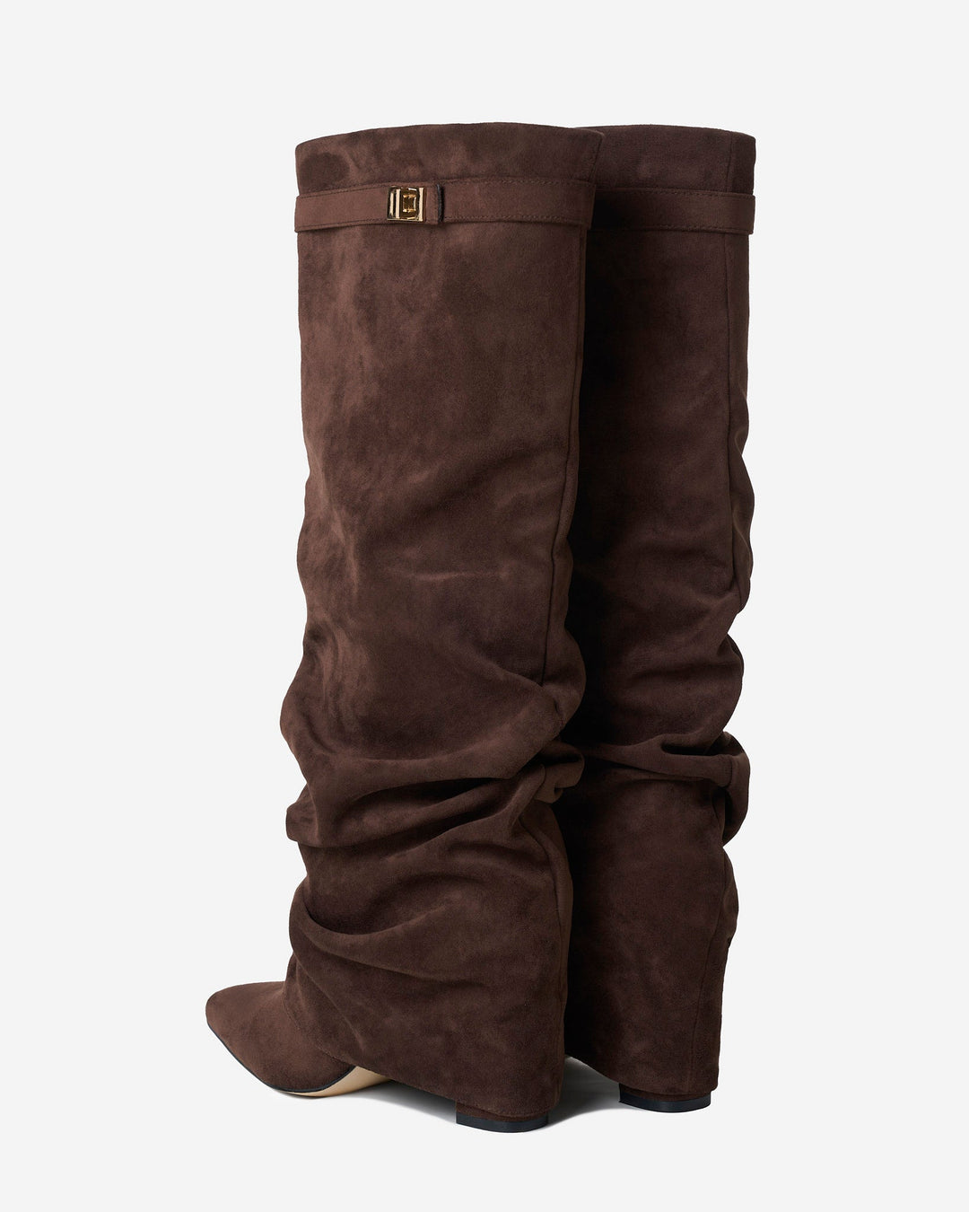Women's dark brown slouchy knee-high boots with pointed toes and low heels