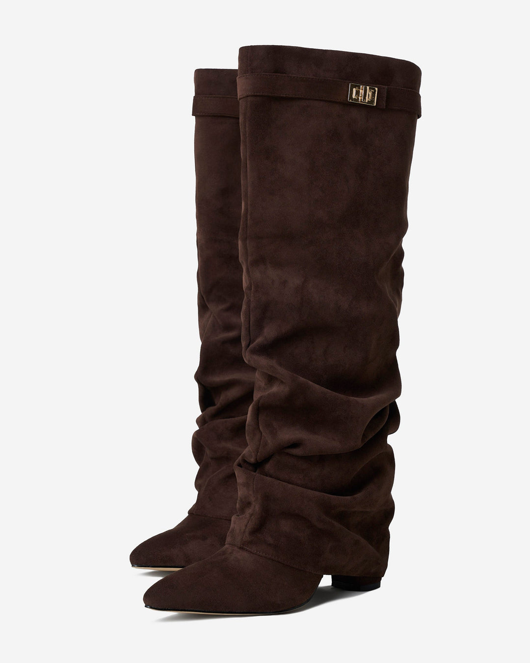 Women's dark brown slouchy knee-high boots with pointed toes and low heels
