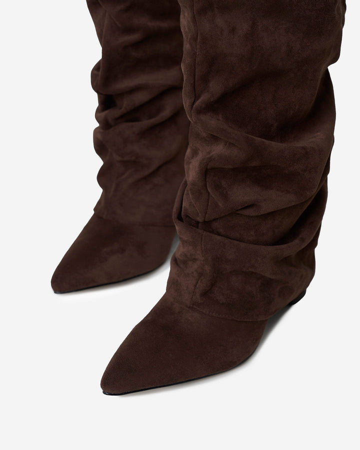 Women's dark brown slouchy knee-high boots with pointed toes and low heels