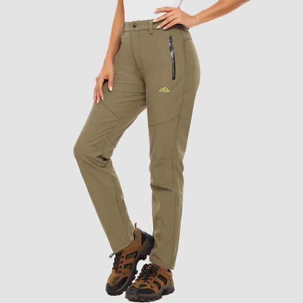 Women's straight-leg snow pants with zip pockets and mid-rise waistband