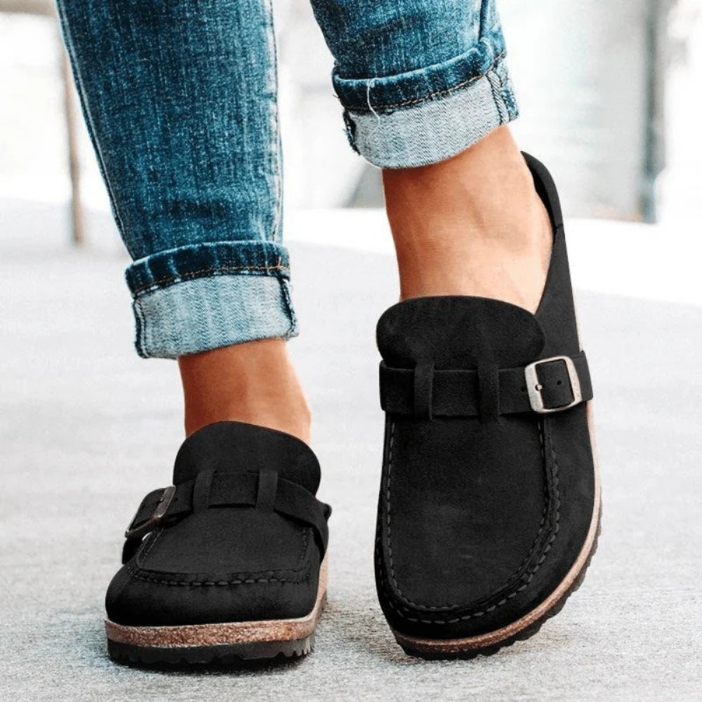 Women's buckle loafers with round moc toes, stitched edging and flat soles