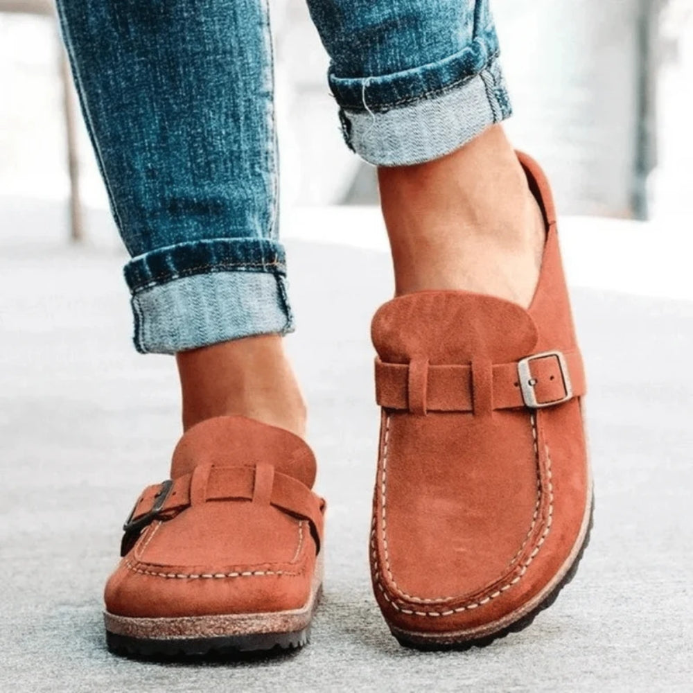 Women's buckle loafers with round moc toes, stitched edging and flat soles