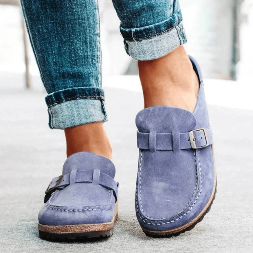 Women's buckle loafers with round moc toes, stitched edging and flat soles