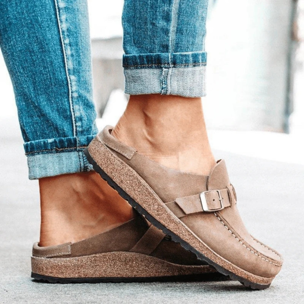 Women's buckle loafers with round moc toes, stitched edging and flat soles