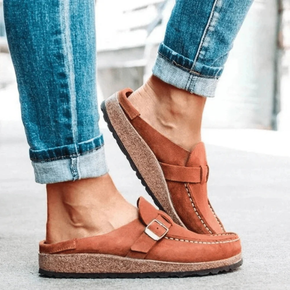 Women's buckle loafers with round moc toes, stitched edging and flat soles