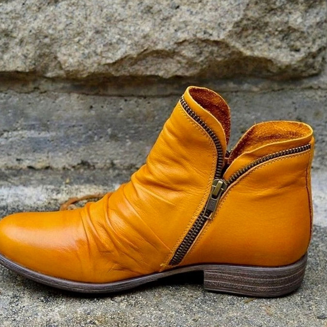Eunice | Women's Leather Ruched Side-Zip Low-Heel Ankle Boots