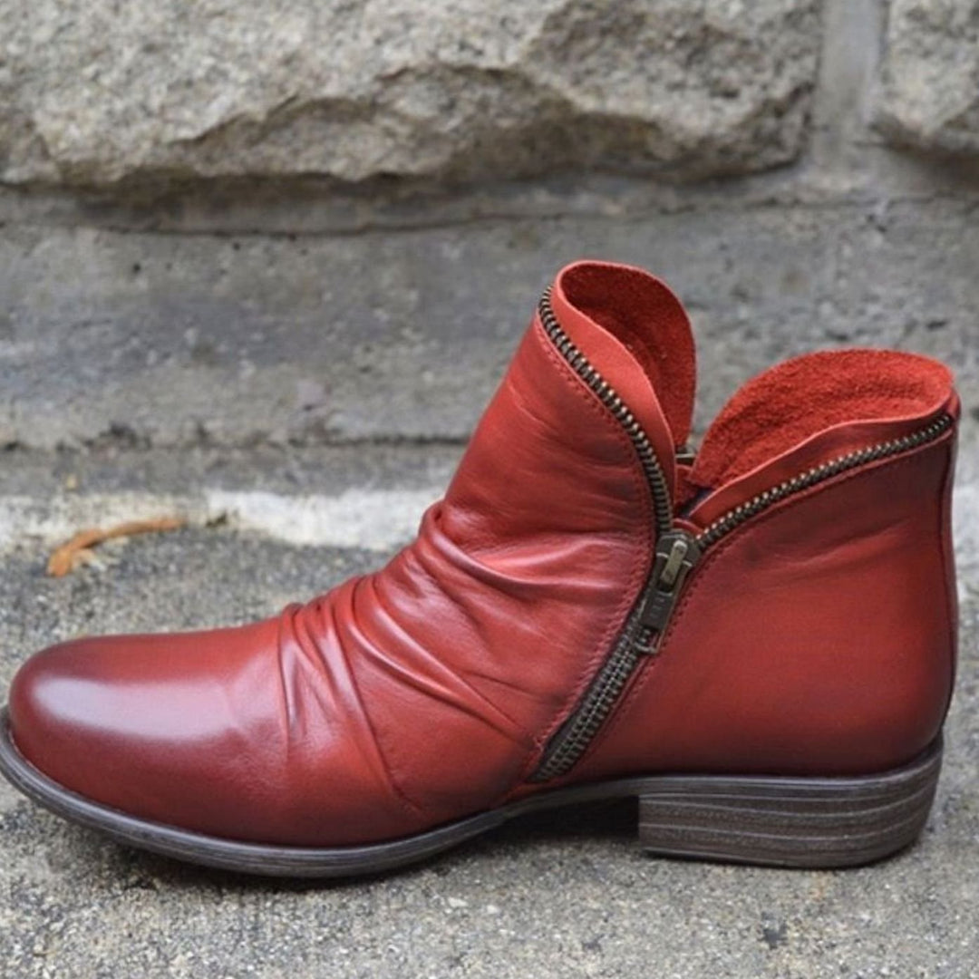Eunice | Women's Leather Ruched Side-Zip Low-Heel Ankle Boots