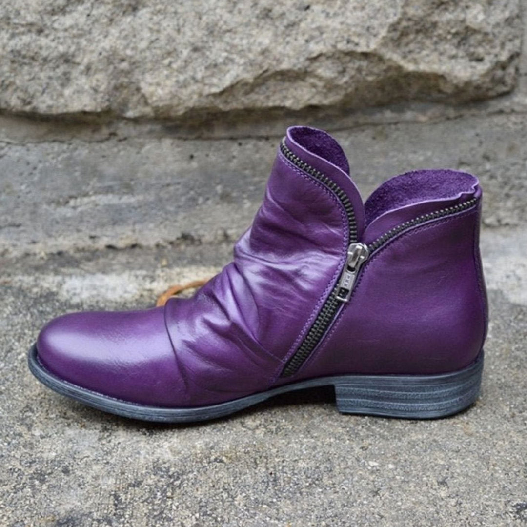 Eunice | Women's Leather Ruched Side-Zip Low-Heel Ankle Boots