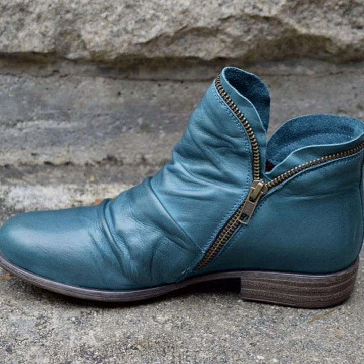 Eunice | Women's Leather Ruched Side-Zip Low-Heel Ankle Boots