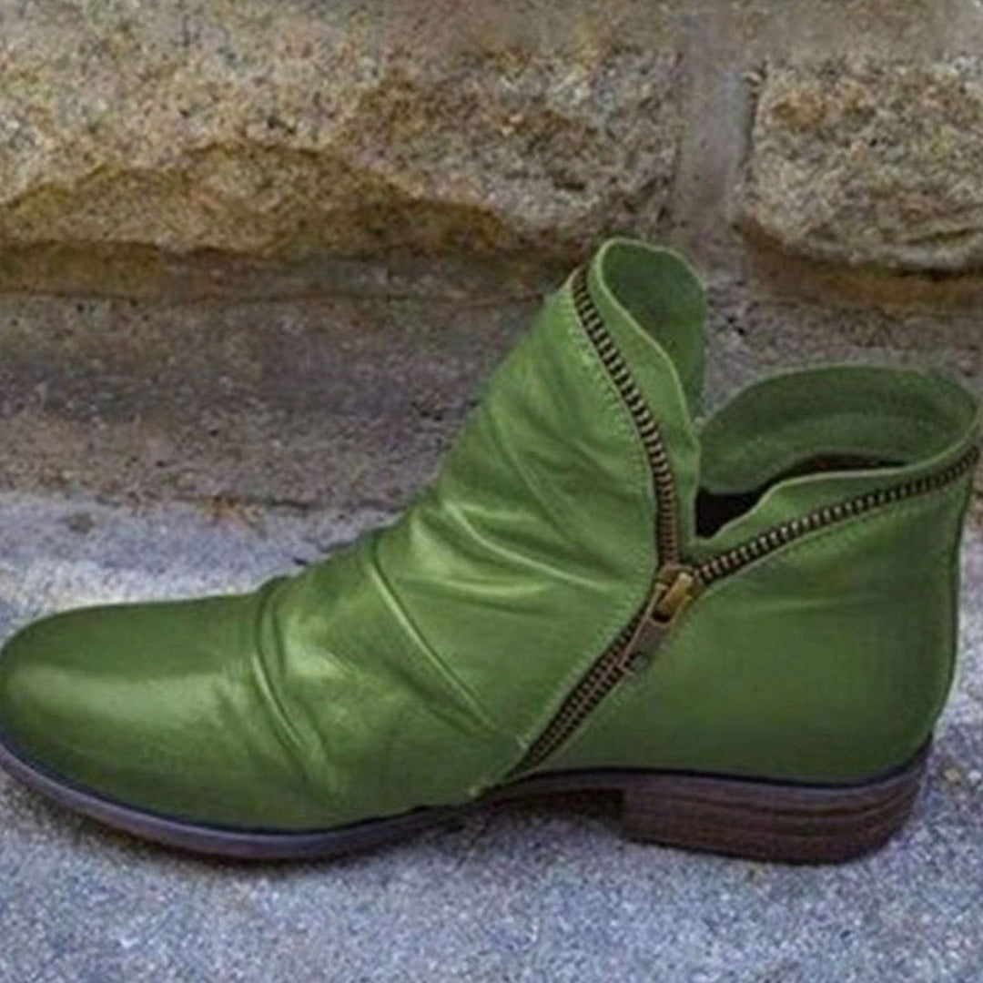 Eunice | Women's Leather Ruched Side-Zip Low-Heel Ankle Boots