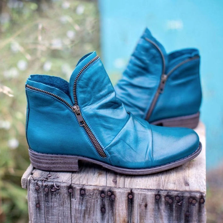 Eunice | Women's Leather Ruched Side-Zip Low-Heel Ankle Boots