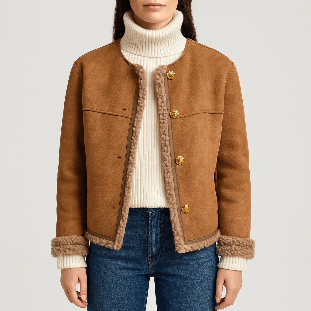 Women's brown jacket with textured trim, round neckline and button front