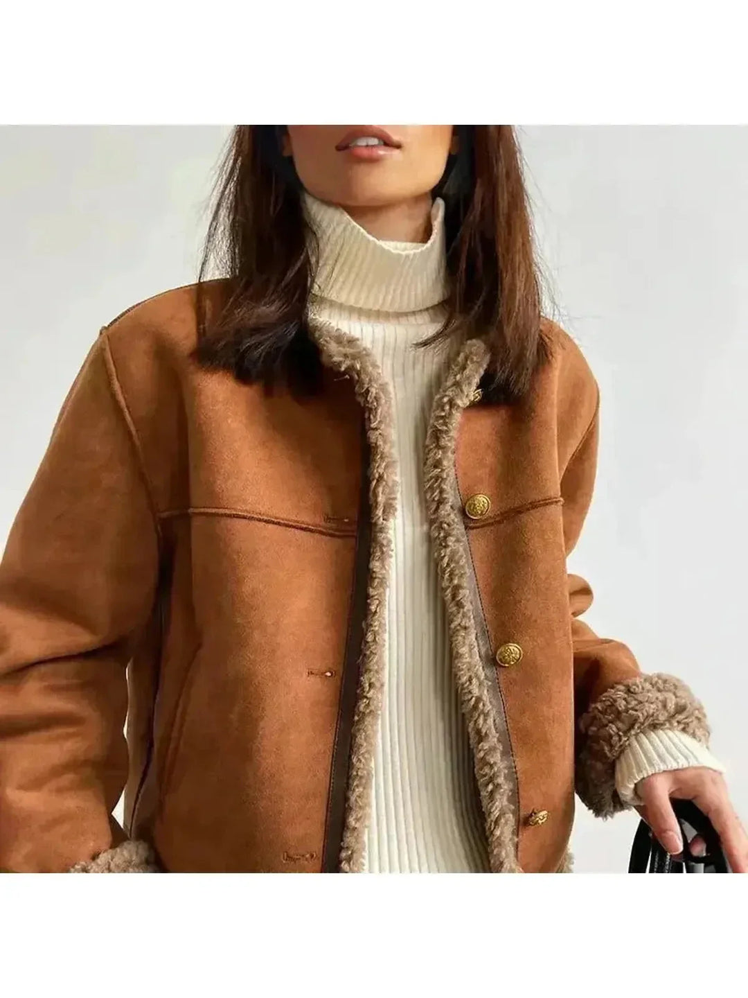 Women's brown jacket with textured trim, round neckline and button front
