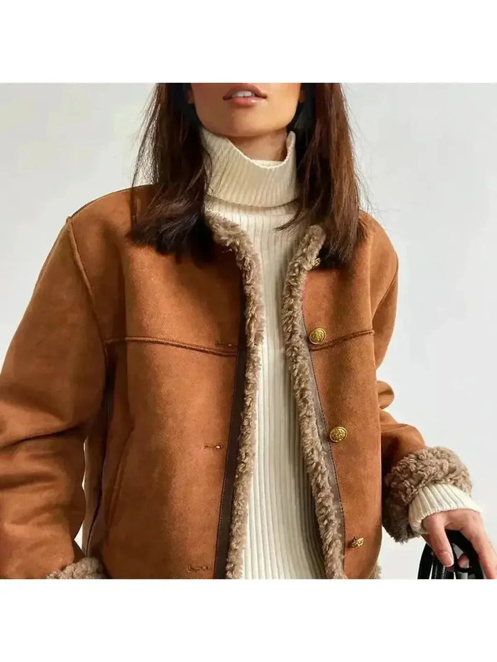Women's brown jacket with textured trim, round neckline and button front