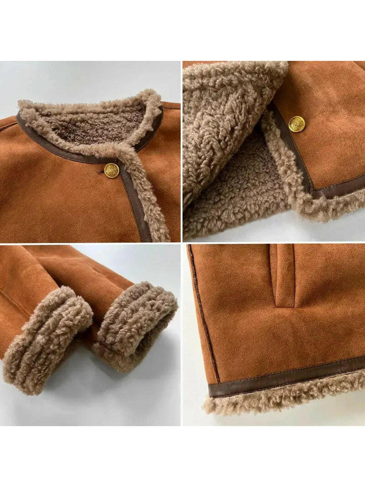 Women's brown jacket with textured trim, round neckline and button front