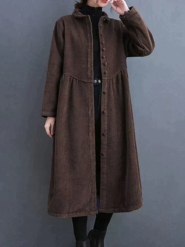 Women's relaxed corduroy midi dress with Mandarin collar and long sleeves