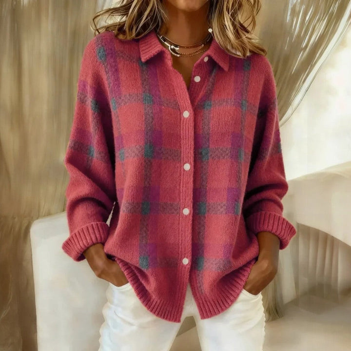 Women's checked button-front cardigan with collar, long sleeves and ribbed trims