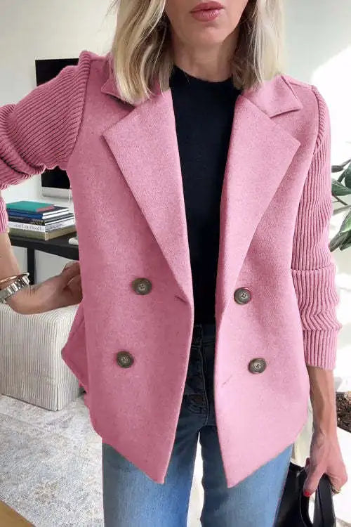 Women's double-breasted blazer with notched lapels and ribbed long sleeves
