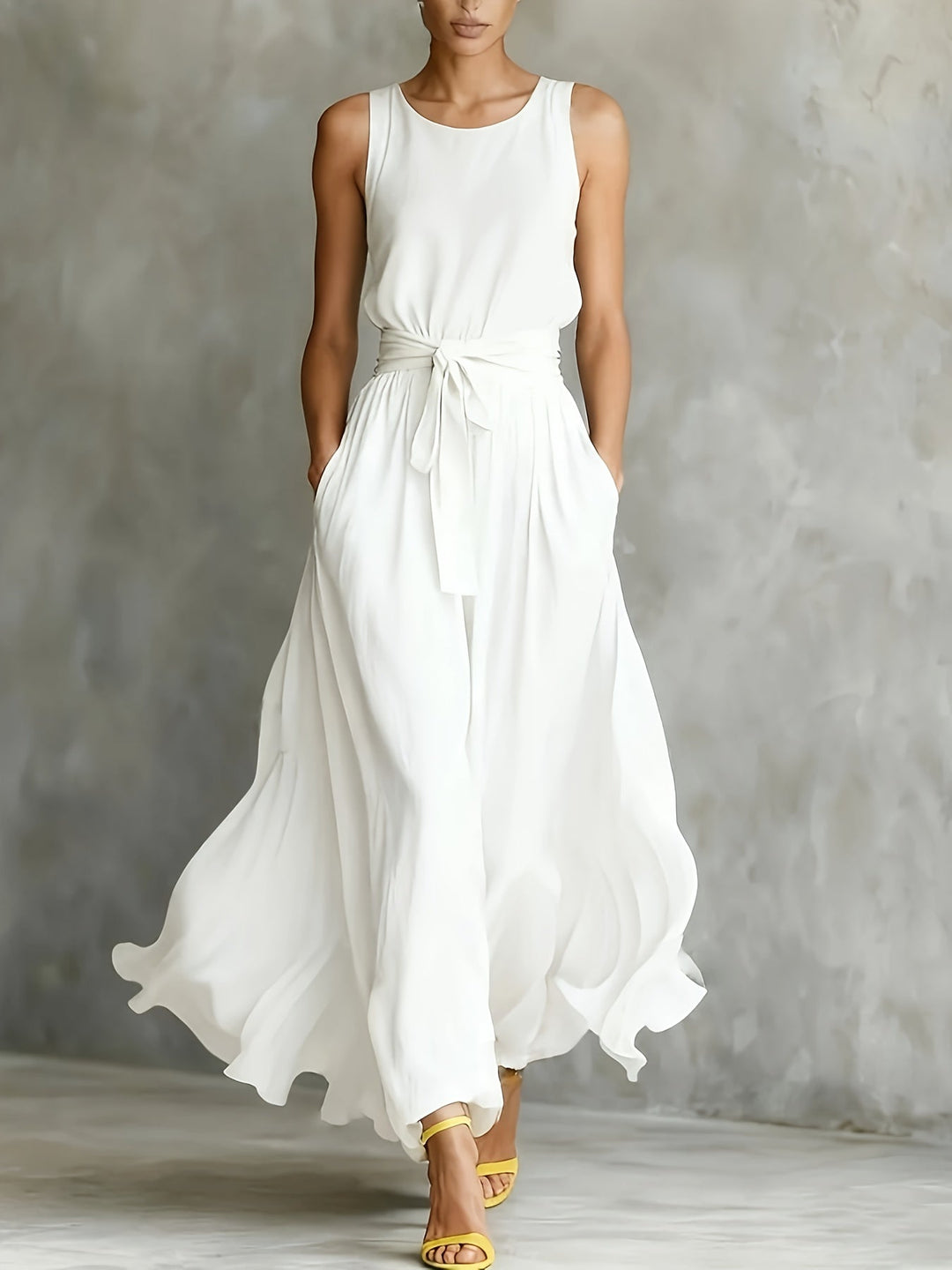 Women's White Maxi Dress | A Line Belted
