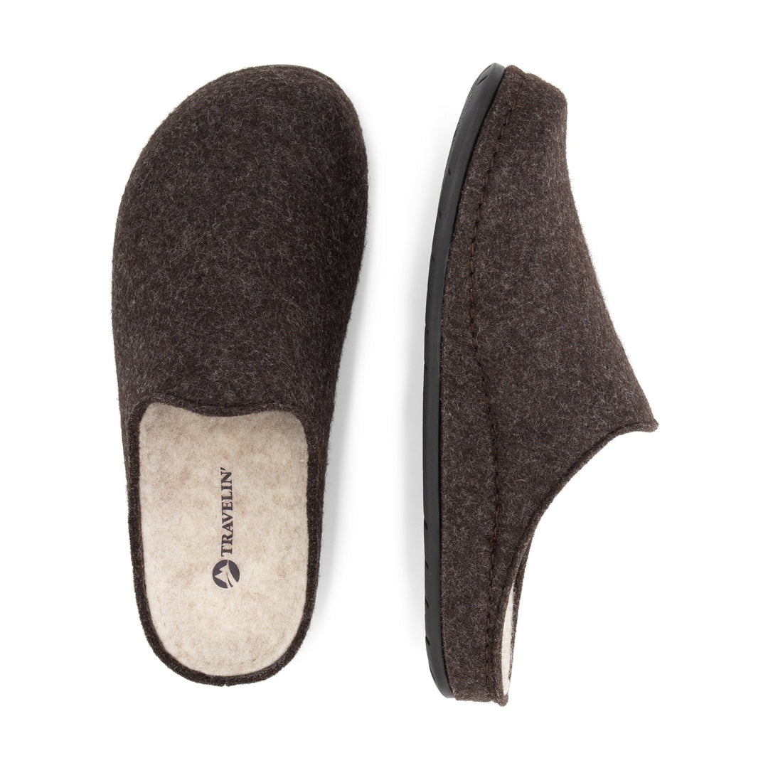 Brown open-back house slippers with round toes and flat black soles