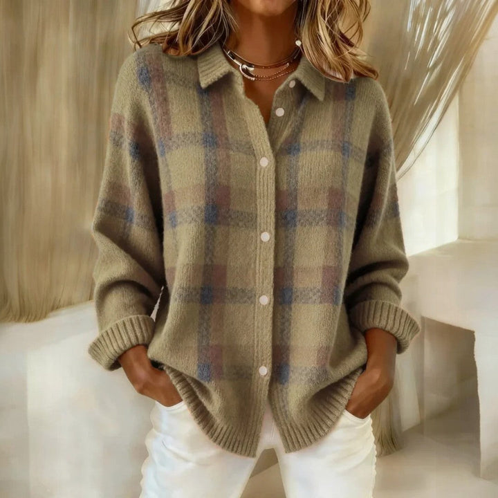 Women's checked button-front cardigan with collar, long sleeves and ribbed trims