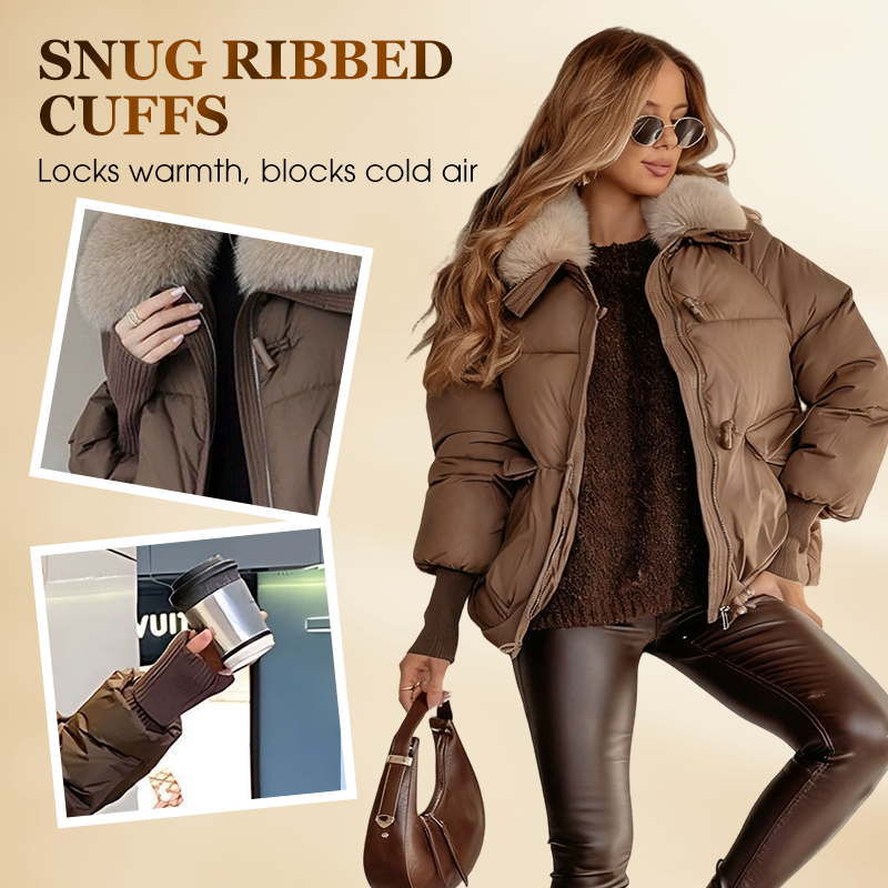 Women's short quilted puffer jacket with fur collar and ribbed cuffs