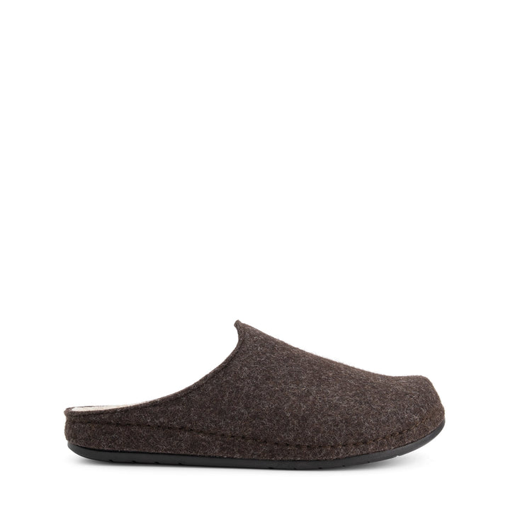 Brown open-back house slippers with round toes and flat black soles