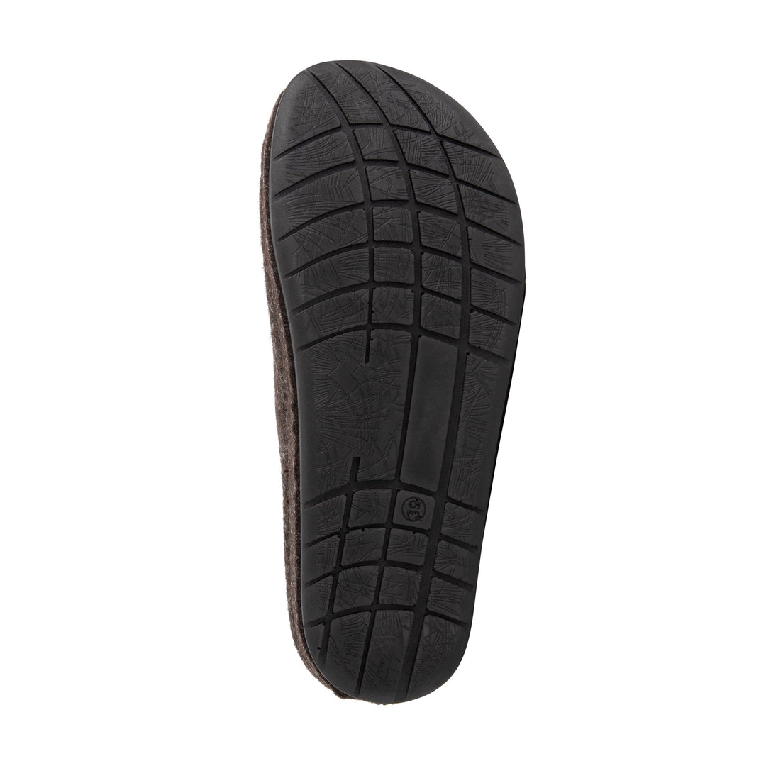 Brown open-back house slippers with round toes and flat black soles