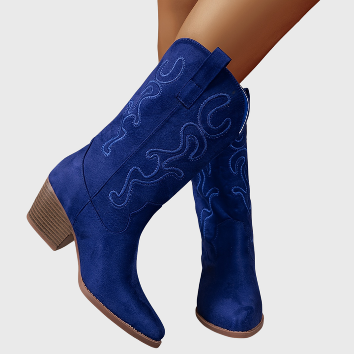 Women's western boots with embroidered mid-calf shafts, pointed toes and block heels