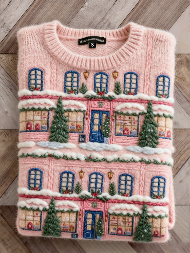 Pink women's sweater with detailed Christmas village scene and crew neckline