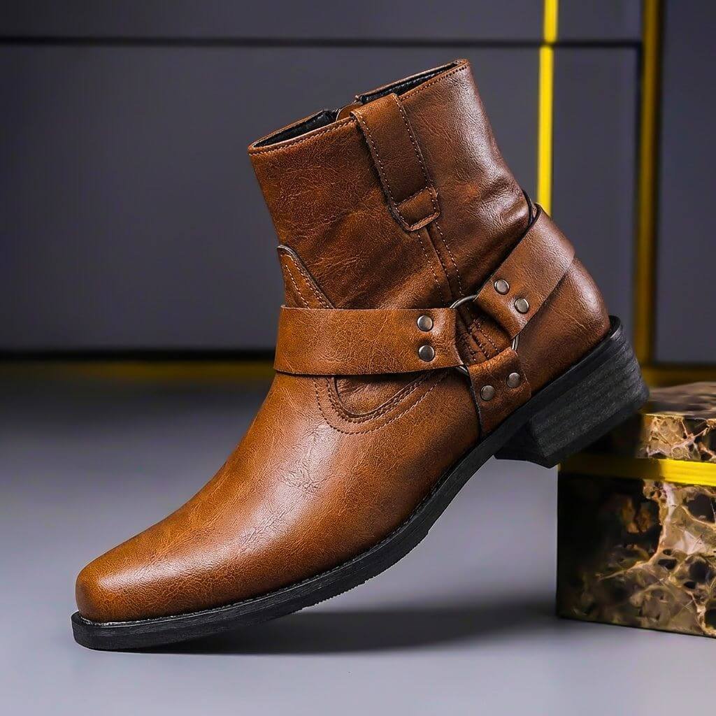 Women's brown and black biker ankle boots with buckle straps and low heels