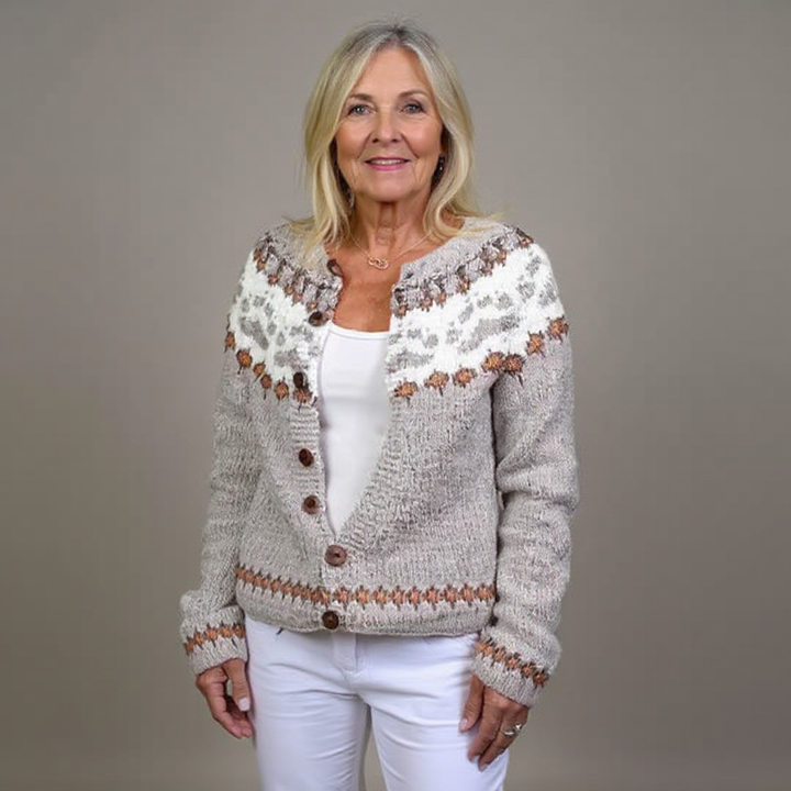 Women's light gray cardigan with multicolor patterned bands and brown buttons