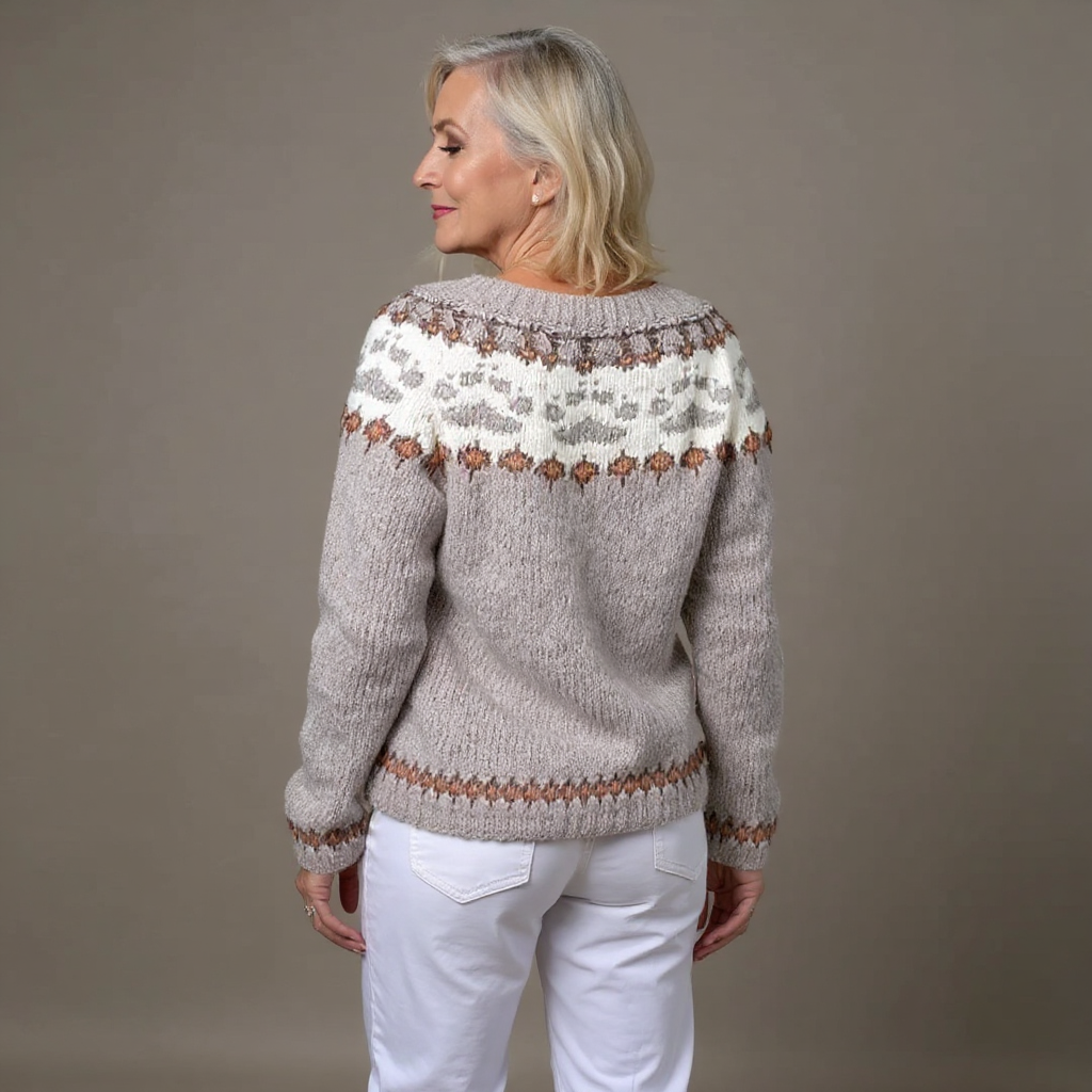 Women's light gray cardigan with multicolor patterned bands and brown buttons