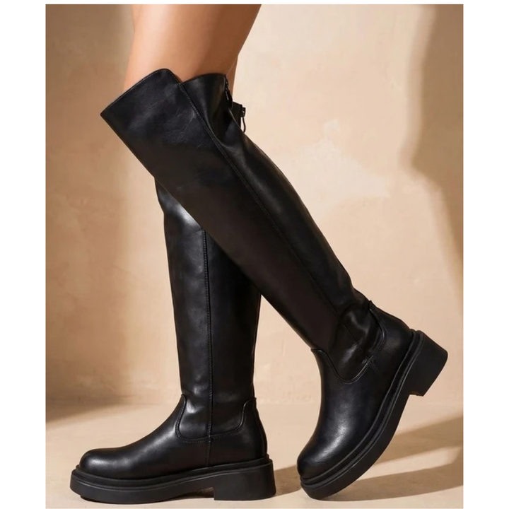 Women's knee-high boots with round toes and low block heels