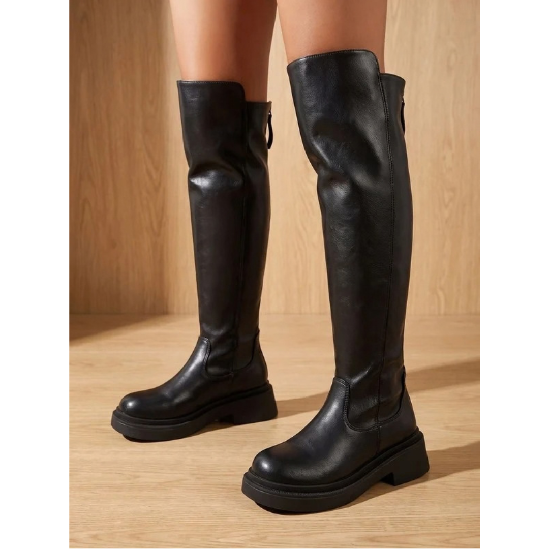 Women's knee-high boots with round toes and low block heels