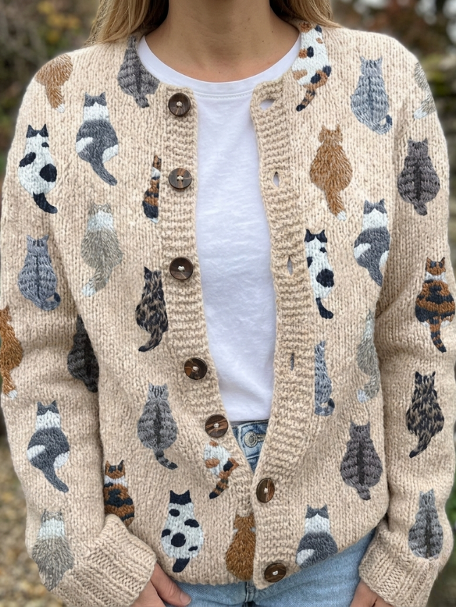 Women's cat print knit cardigan with button front and long sleeves